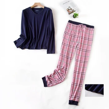 100% Puuvillane pikkade varrukatega püksid daamid pidžaama ülikond lihtne stiil pikk pidžaama naiste pidžaama set home service