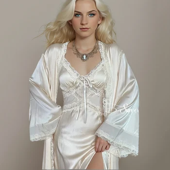 2tk Nightgowns Naiste Retro Siidiselt Magus Nightdress Vintage Kevadel Vaba aja veetmise Sleepwear Mugavuse Naha-sõbralik Sleepshirt Kodu Riided