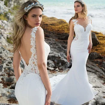 Beach pulmakleitidest Merineitsi O-Kaeluse Pits Appliques Pulm Kleit Boho Pruut Kleit vestidos de novia estilo sirena