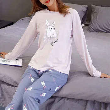 Cartoon Pikkade varrukatega Mujer Suitautumn Vabaaja Pidžaama Kodu Sleepwear Set Õhuke Naiste Armas Pijama Cartoon Puuvill Suur Pidžaamad