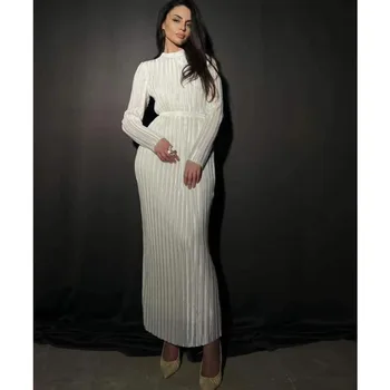 Elegantne Kleit Naistele Kevad-Sügis O-Kaeluse Seotud Kõrge Vöökoht Press Casual Kleit Pikk Varrukas, Slim Pahkluu Pikkusega Kleit Naistele