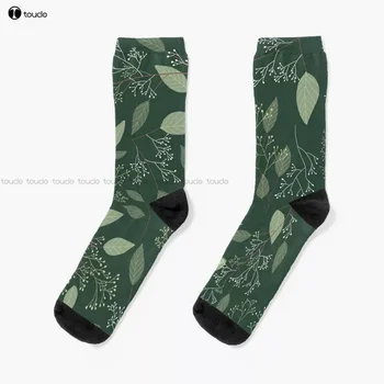 Eukalüpt Tume Roheline Lilleline Esteetiline Mustriga Sokid Personaliseeritud Custom Unisex Täiskasvanud Teismeliste Noorte Sokid 360° Digital Print