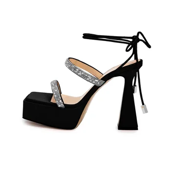 Kristallid Strappy Pahkluu Wrap Naiste Platvorm Sandaalid Rhinestone Daamid Kingad Avatud Varvas Tacones Slingback Chaussures Femme Ete 2023