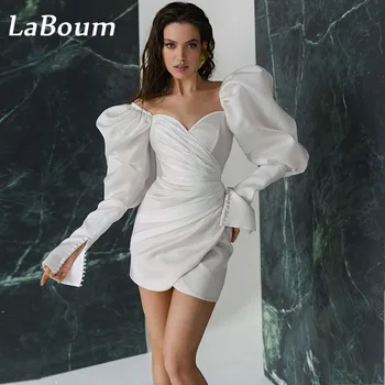 LaBoum Mini Pulm Kleidid Naistele Plisseeritud Vibu Kullake Pruut Kleit Pikk Pundunud Varrukad Satiin Vestidos De Casamento 2023 Uus