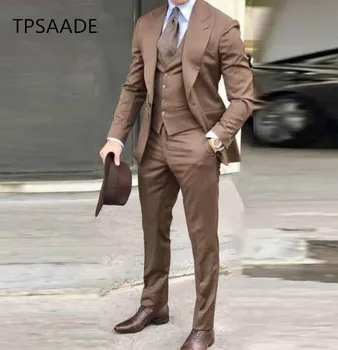 Meeste Ülikond Peigmees Tuxedos Pruun Kõnniteed Pulm Meeste Ülikond Slim Fit Puuvilla Segu Ametliku Ülikond Meeste Slim Fit 3tk (Jakk+Püksid+Vest)