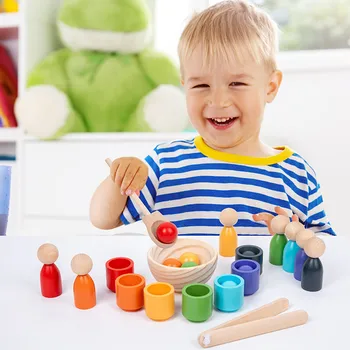 Montessori Varase Õppe Puidust Väikelapse Värv Sorteerimise Mäng Komplekt Trahvi 7 Värvi Palli Ja Tassi Sorteerimine Cup Sorteerimine Baby Mängud