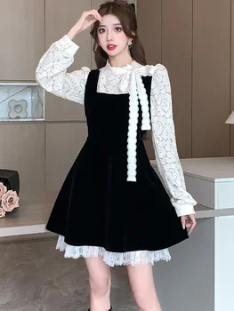 Naine Korea Vintage Luksuslik Kleit Sobib 2023 Sügis-Talve Must Samet Pael Kleit+Valge Pits Pikad Varrukad Mantel Kaks Tööd Komplekti