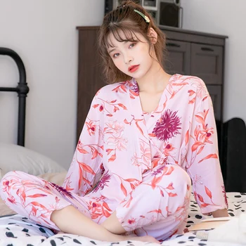 Naine Nightwear Kimono Hommikumantel Pesu 3tk Naiste Pidžaama Komplekt Õie Trükitud Pikk Rüü Pyjama Sobiks Pehme Sleepwear Komplekt