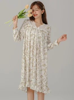 Naiste Korea Victoria Pidžaama Kevadel Magusad Tüdrukud Ruffles Print V-Kaelus Pikad Varrukad Vintage Printsess Puuvill Nightdress Sleepwear