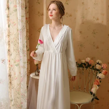 Naiste Sügis Suured Täielik Varrukad Nightdress Printsess Vintage Valge Puuvillane Pikk Nightgowns prantsuse Seksikas V-kaelus Lahti Nightie