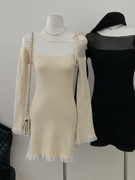 Pits Segast Naiste Uued Kootud Prantsuse Vintage Frocks Naine Slim Värviga Midi Kleit Daamid Trendikas Lihtne Basic Elegants