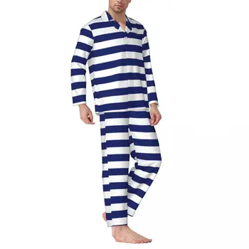 Retro Meremiili Sleepwear Sügisel Sinise ja Valge Triip Vintage Liiga Pajama Komplekti Pikad Varrukad Mood Magamistuba Nightwear