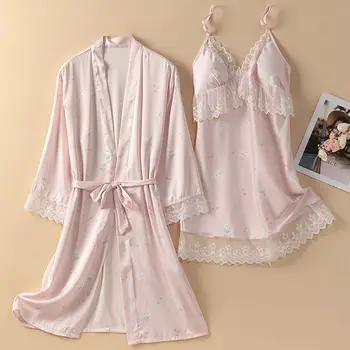 Seksikas Twinset Rüü Ülikond Naiste Pits Kimono Sleepwear Nightgowns Homewear Suvel Rayon Hommikumantel Kleit Set Nightsuits Pesu