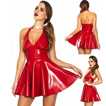 Seksikas wetlook PVC nahk tahke mini kleit seksikas naiste backless varrukateta pool clubwear kleit pluss suurus punane must lühike kleit