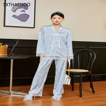 SXTHAENOO Kevad-Sügis Komplekt Trükitud Sidemega Sleepwear Sinine Lihtne Naiste Pikk Varrukas+Püksid 2Piece Set Homewear Daamid Pidžaama
