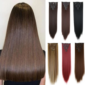 Sünteetiline 24inch Pikk Sirge juuksepikendusi 7tk/Set 16 Klambrid Kõrge Temperatuuri Kiudaineid Must Pruun Naiste Hairpiece